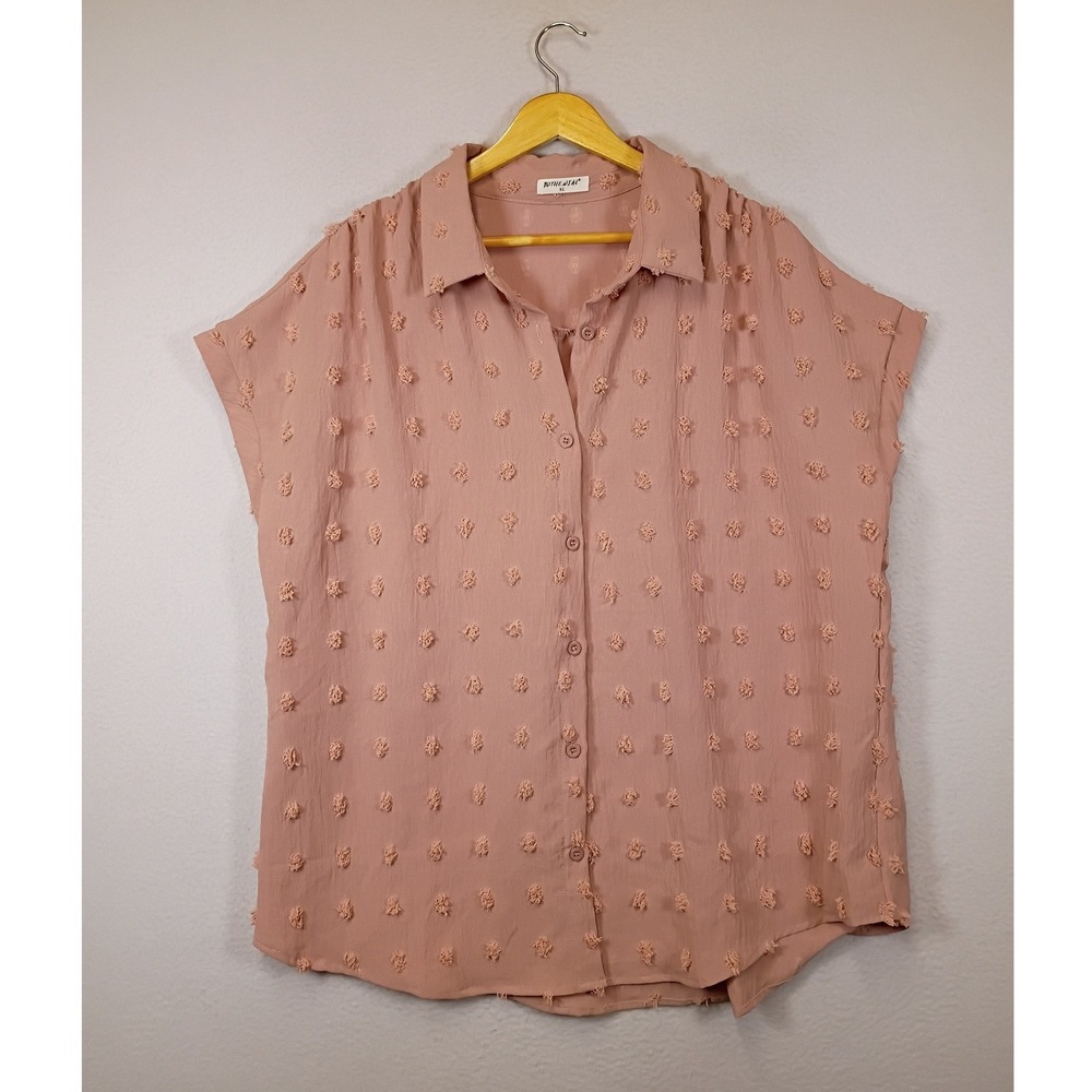 Boho Romantic Bothenial Womens XL Pink Swiss Dot Pom Pom Button Down Top